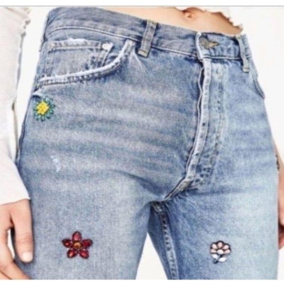 Zara High Rise Button Fly Straight Distressed Gem Bedazzled Raw Hem Denim Jeans - Picture 2 of 14